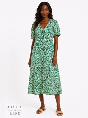 Single Thread Green Floral Midi Dress Rayon Linen Blend Cottagecore Boho Size M